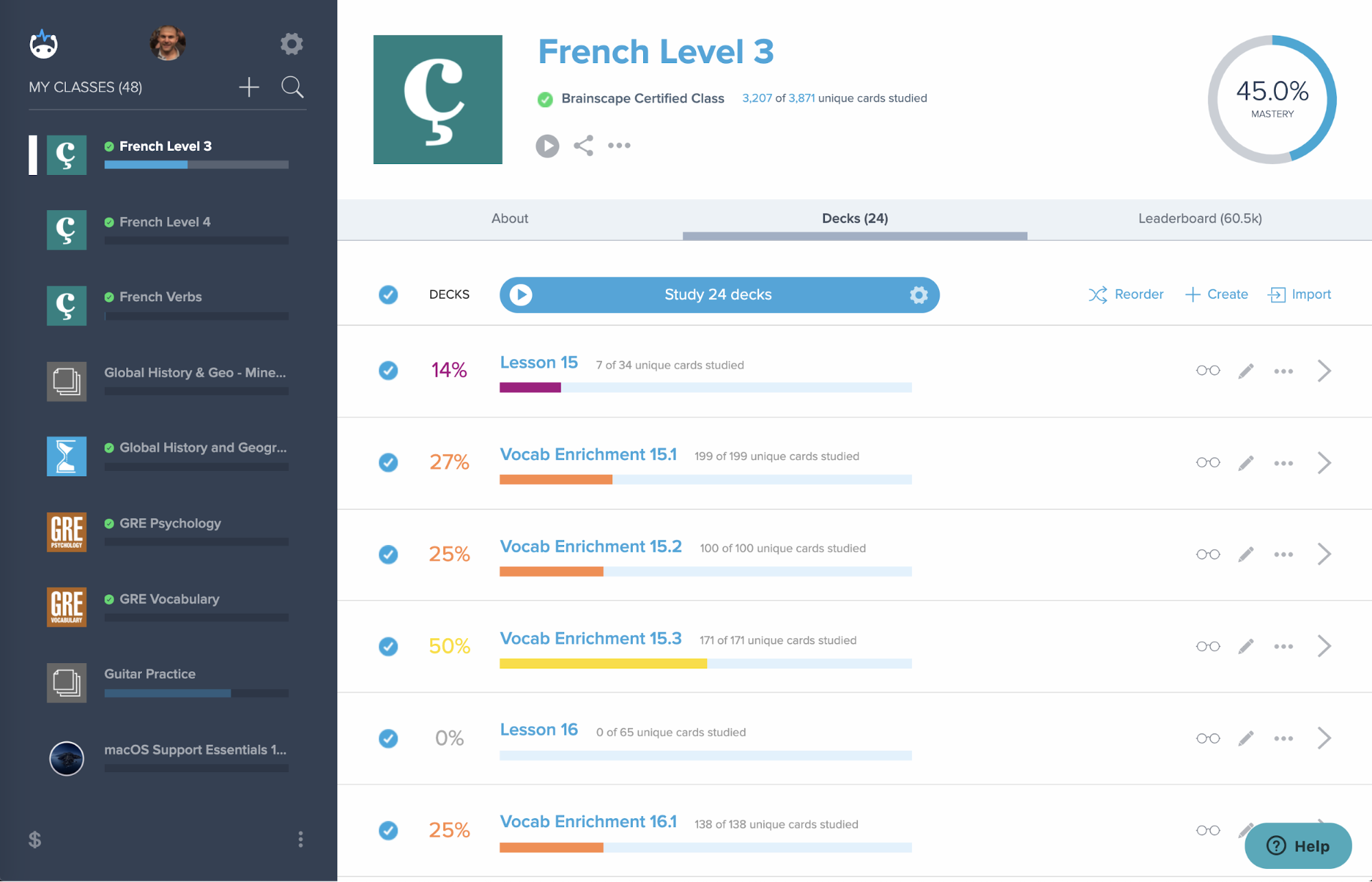 Screenshot of Brainscape Dashboard French Level 3