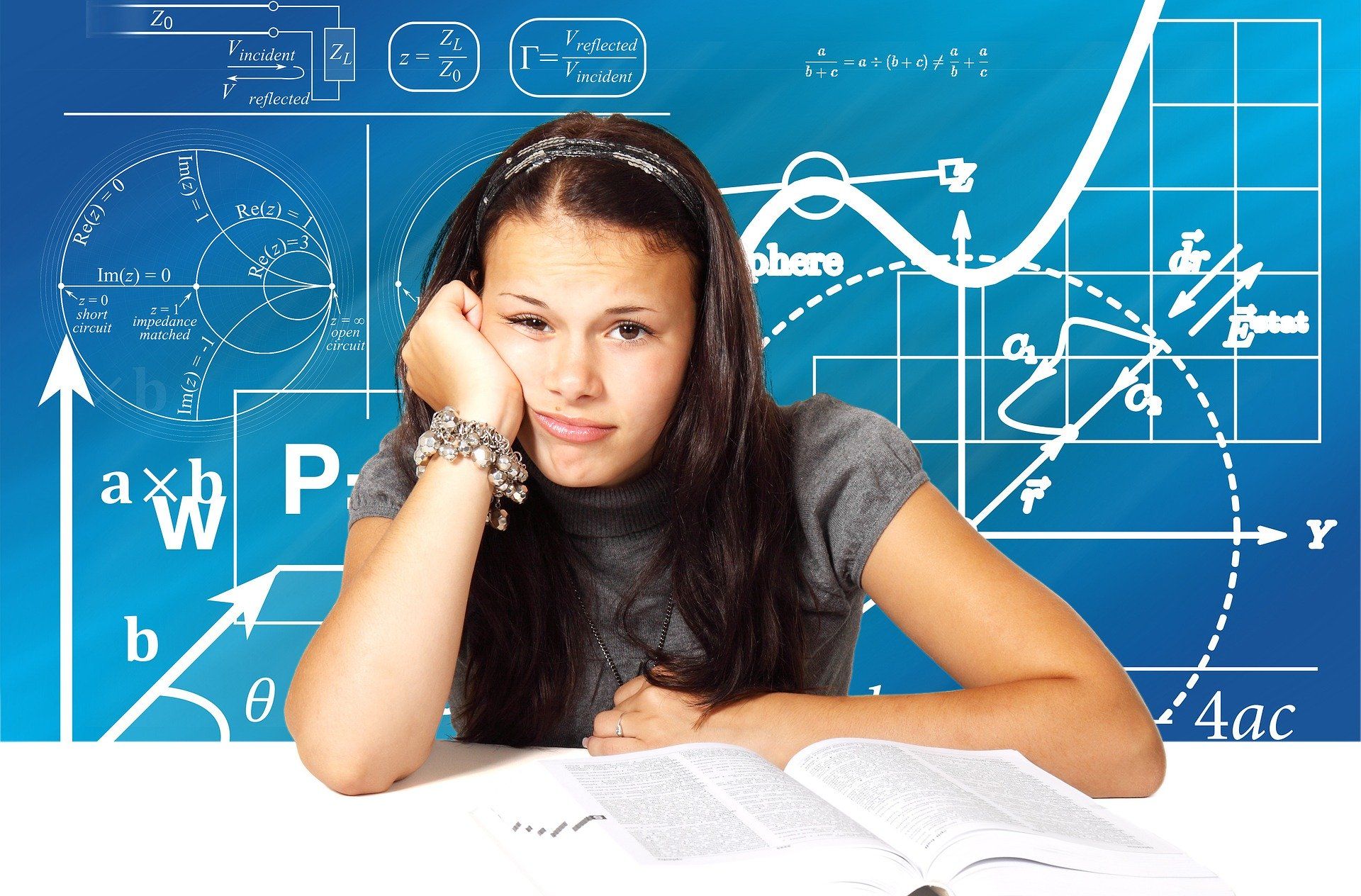 Girl wondering how to study with diagrams in the background