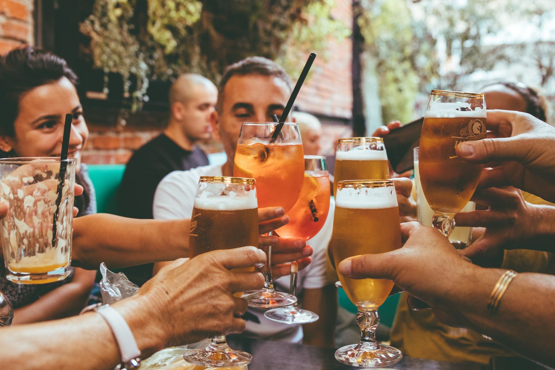 people at table cheers with drinks, learning while drunk