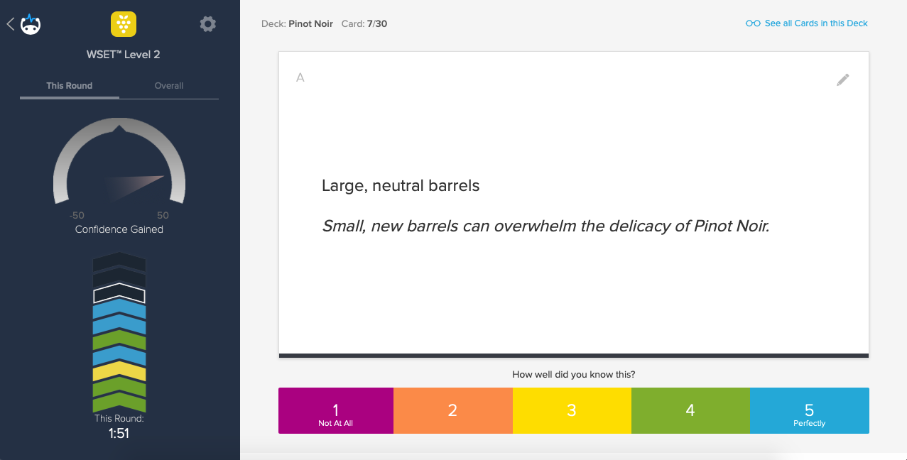 Brainscape's interface for the WSET Level 2 exam