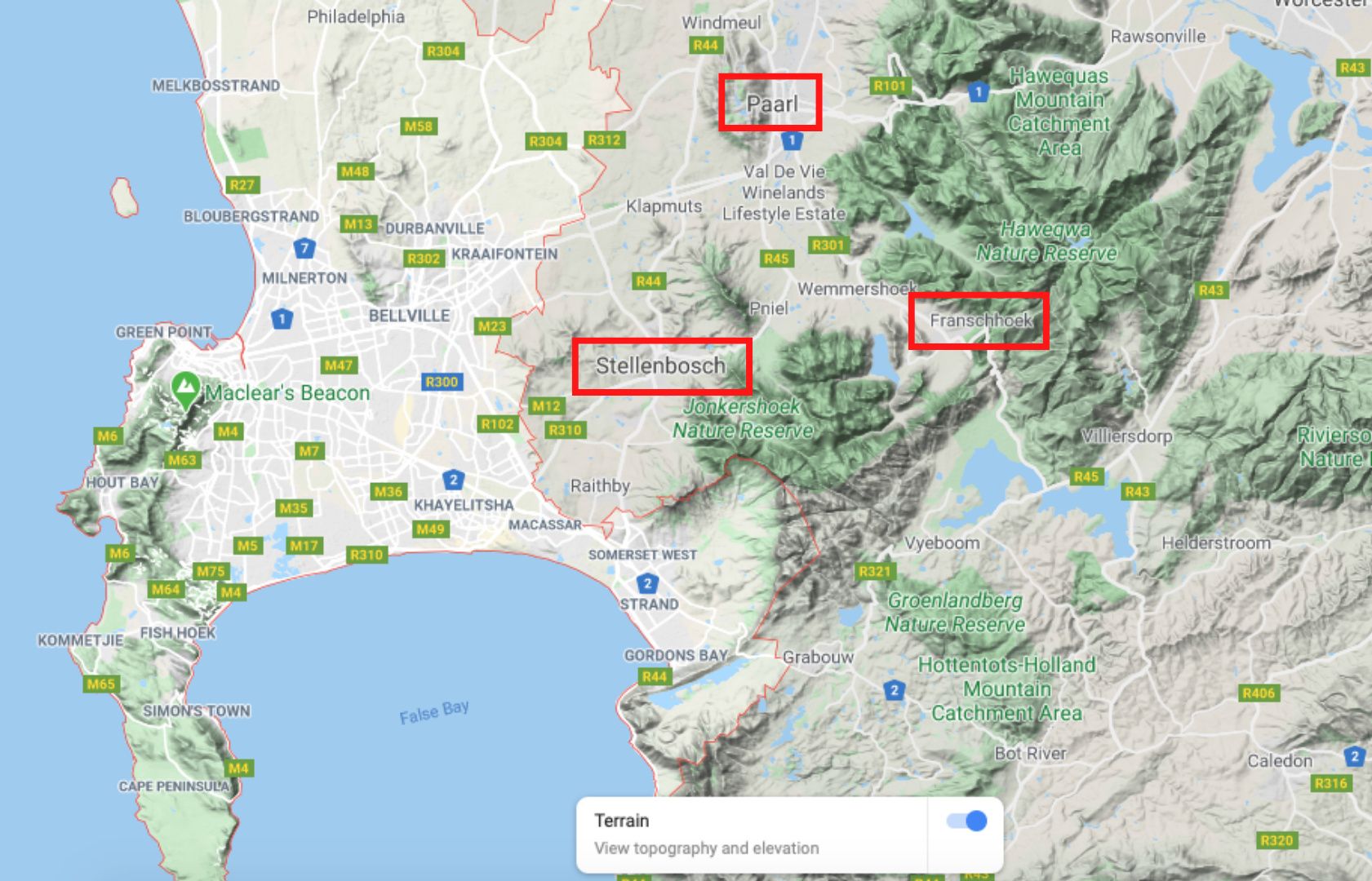 Google maps snapshot of the cape of South Africa