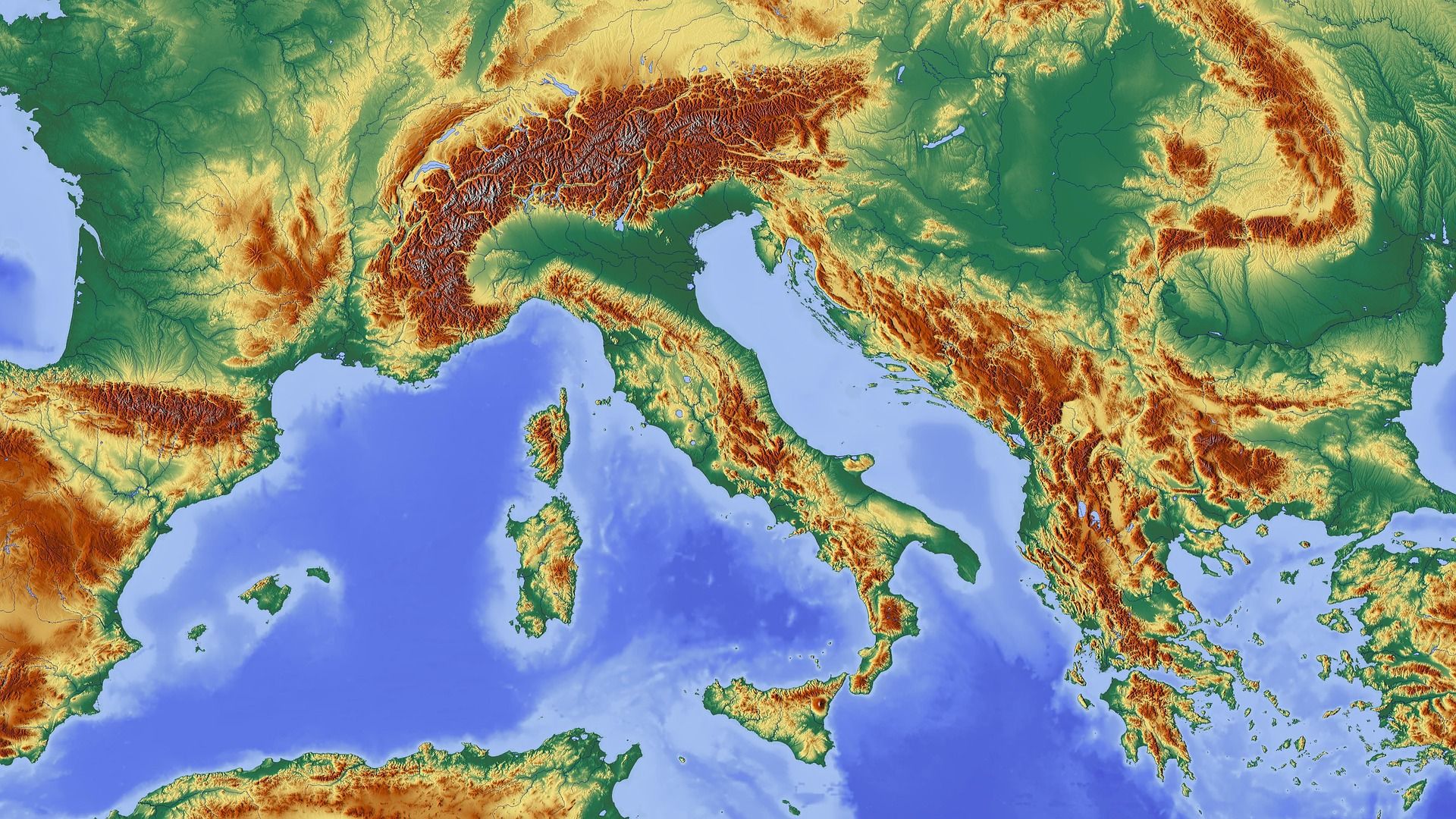 World map showing elevation with colors