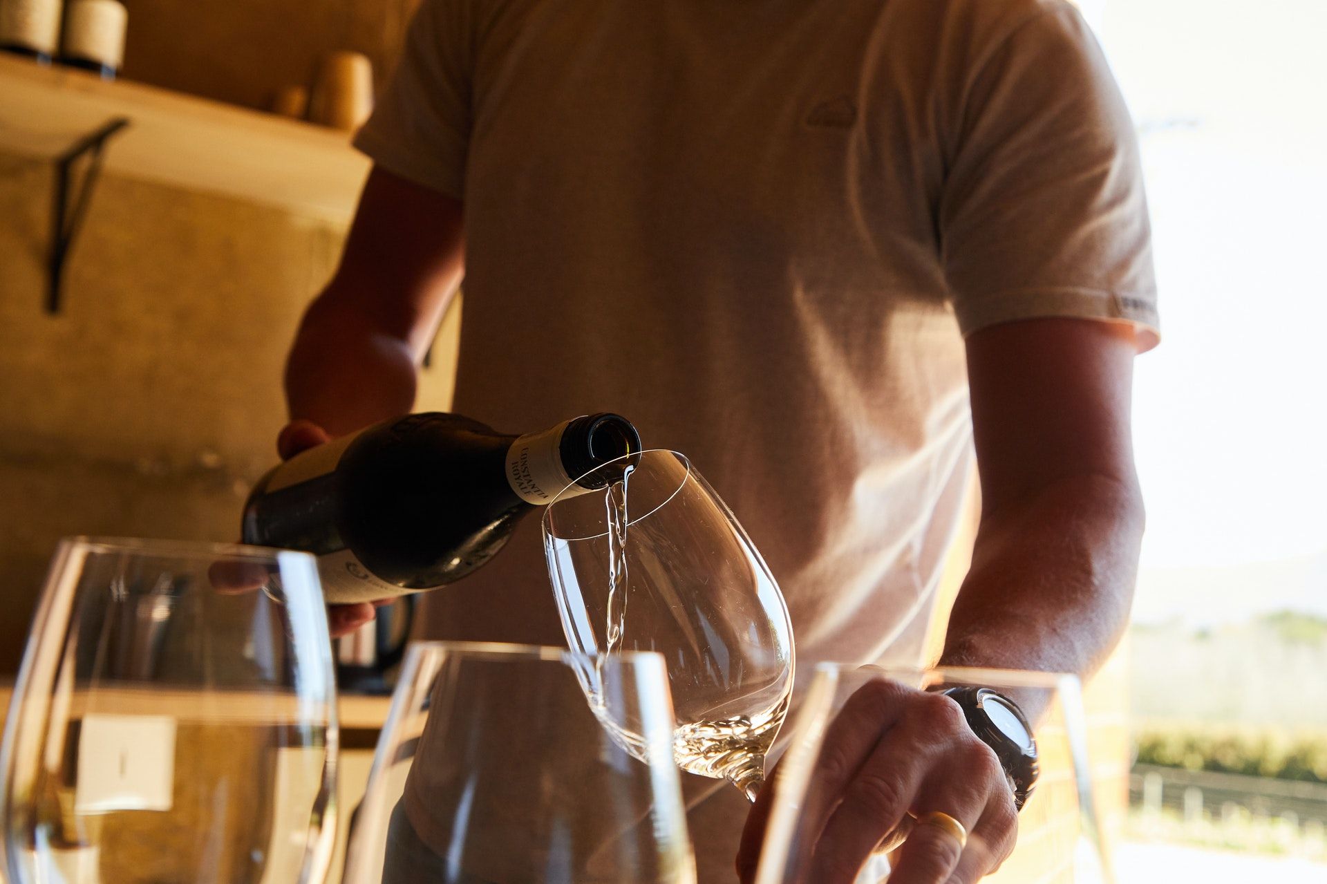 Man pouring glasses of wine; WSET Level 1 exam