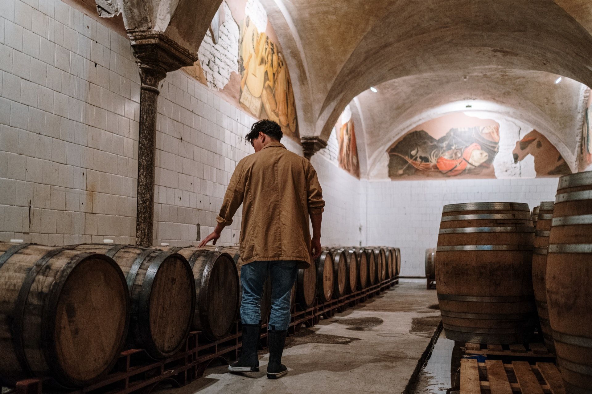 Man walking next to wine barrels; WSET Level 1 exam