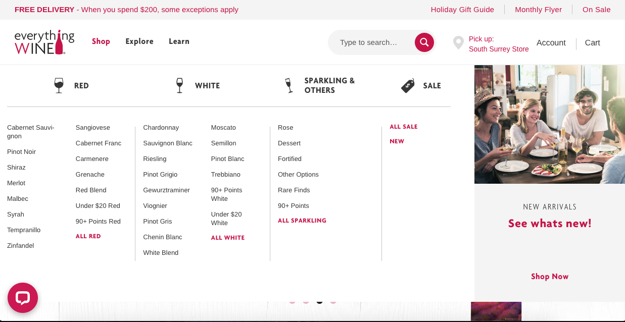 Drop-down menu of wine; buy wine online