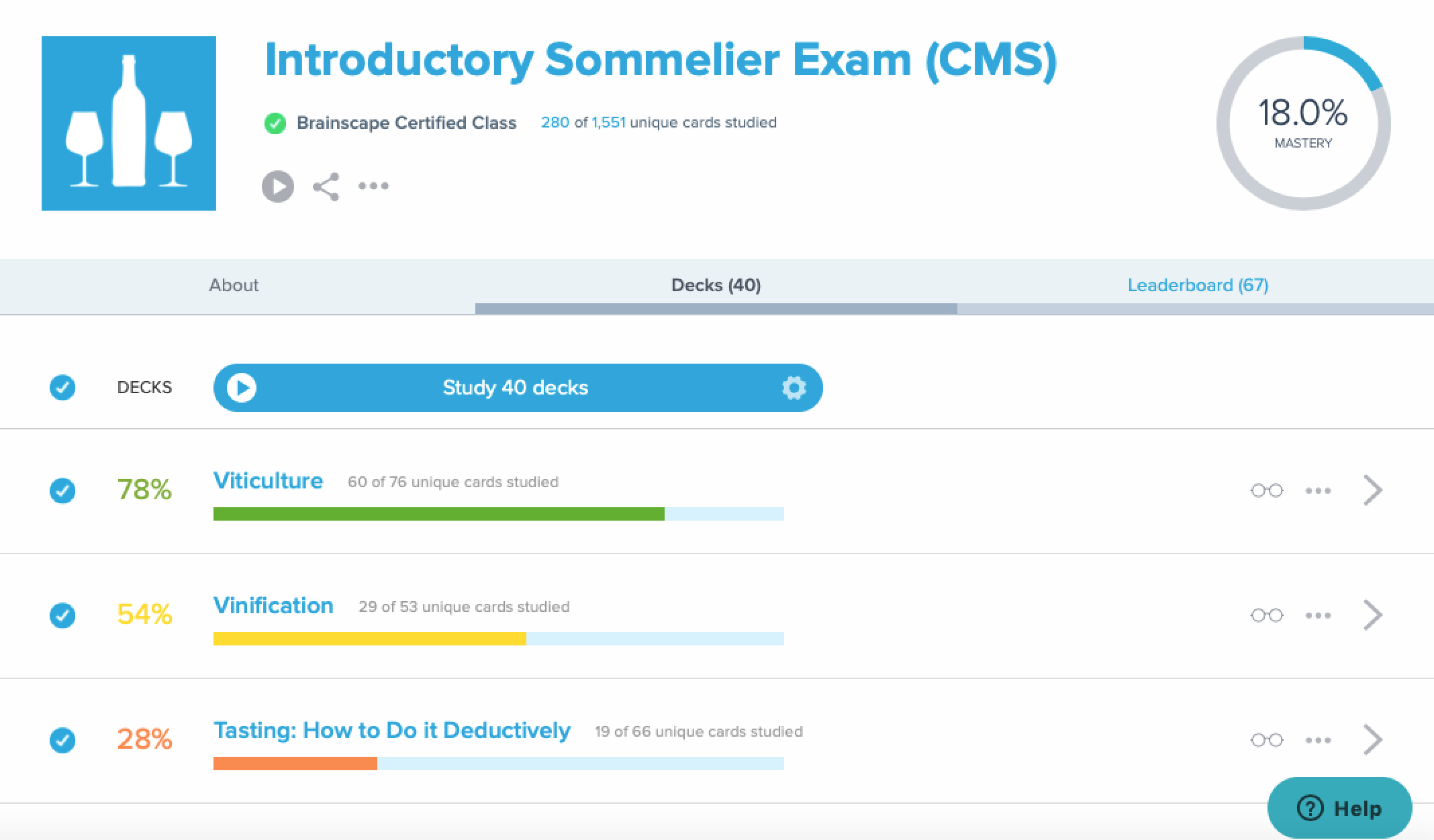 Brainscape Dashboard for Court of Master Sommeliers Level 1