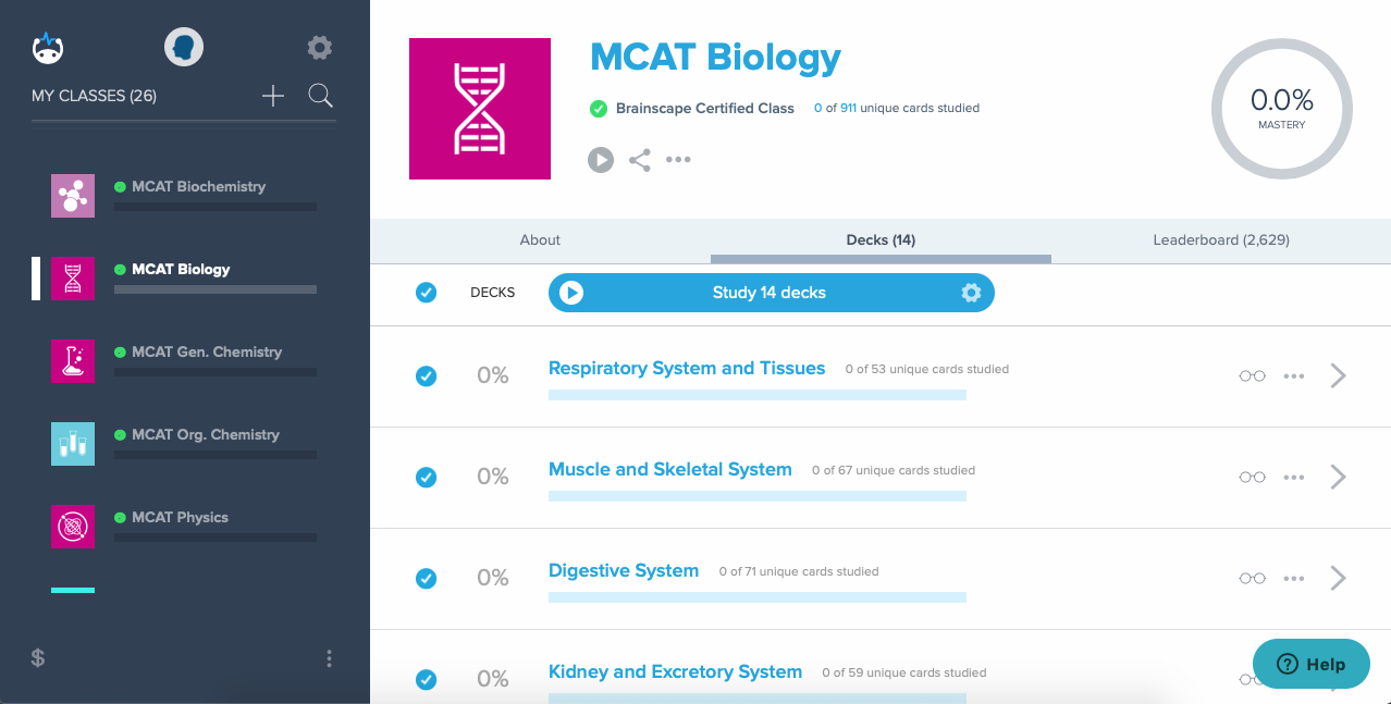 Brainscape dashboard MCAT