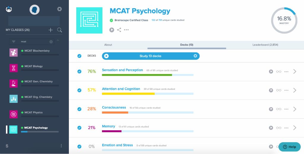 Brainscape dashboard MCAT psychology