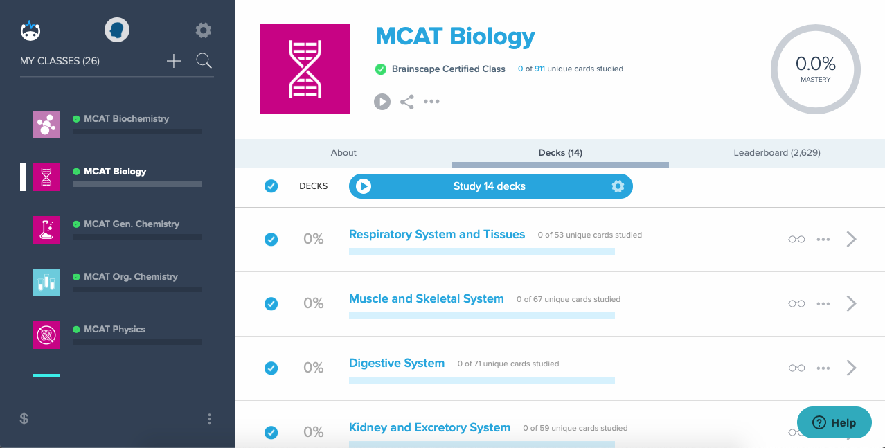 Brainscape MCAT biology dashboard