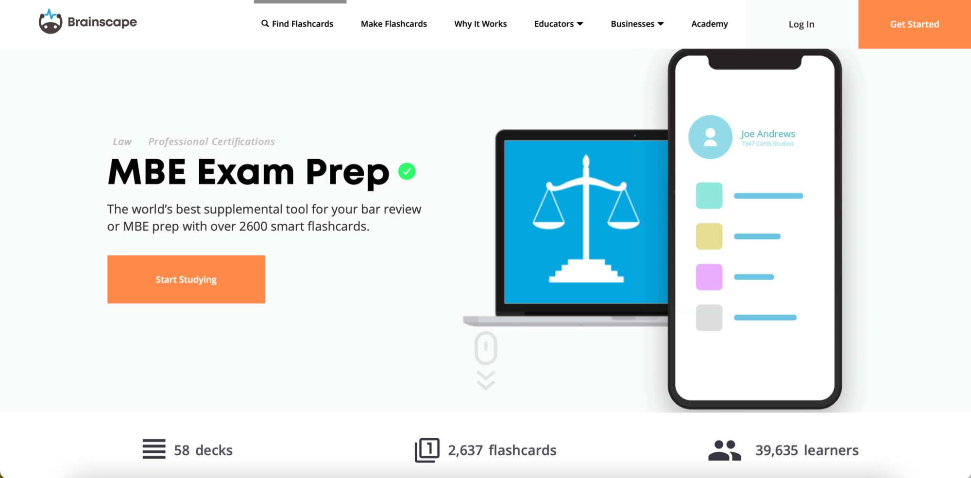 Brainscape's certified flashcards landing page showing you can study from both a mobile device or computere