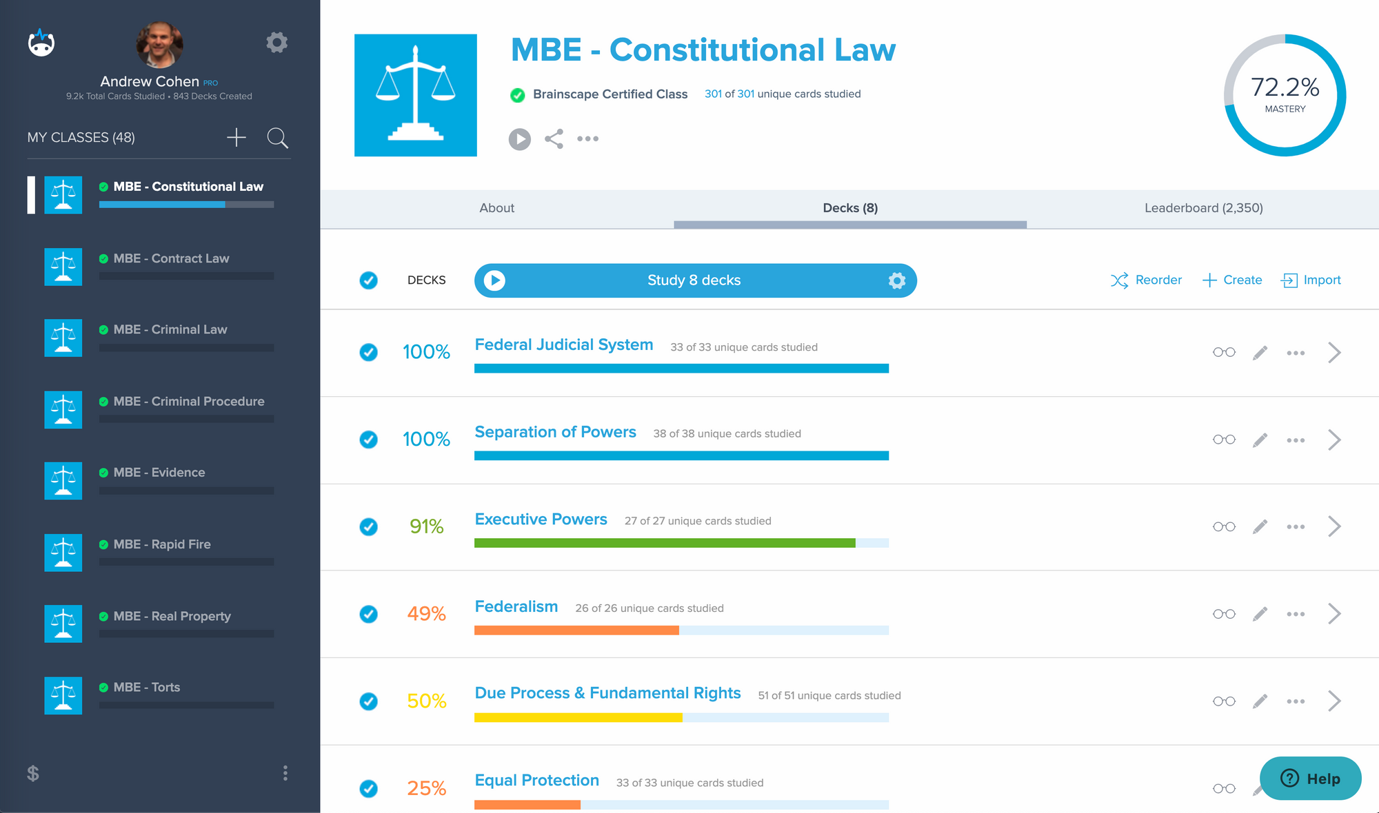 Brainscape flashcard dashboard for constitutional law showing study progress