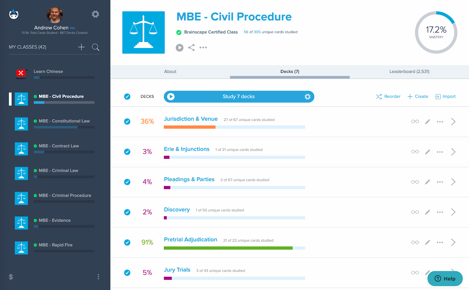 Brainscape’s dashboard for Civil Procedure