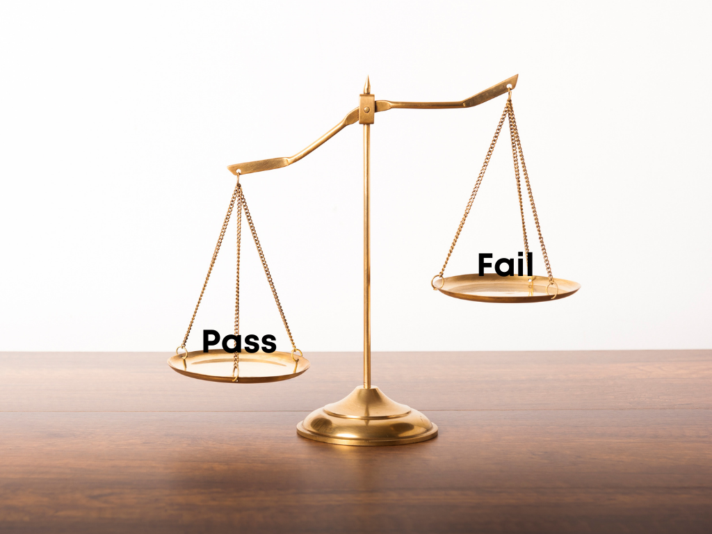 Law scales with pass vs fail the bar exam as weights