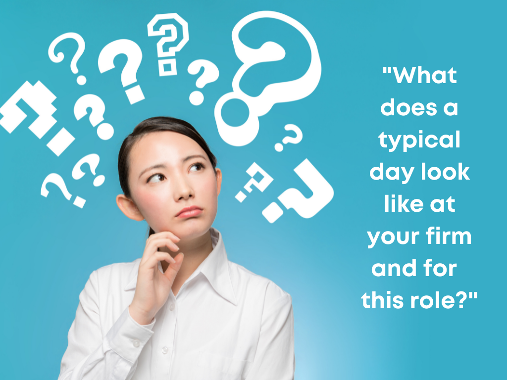 Woman looking to the air with question marks around her head thinking about questions she should ask in an interview.