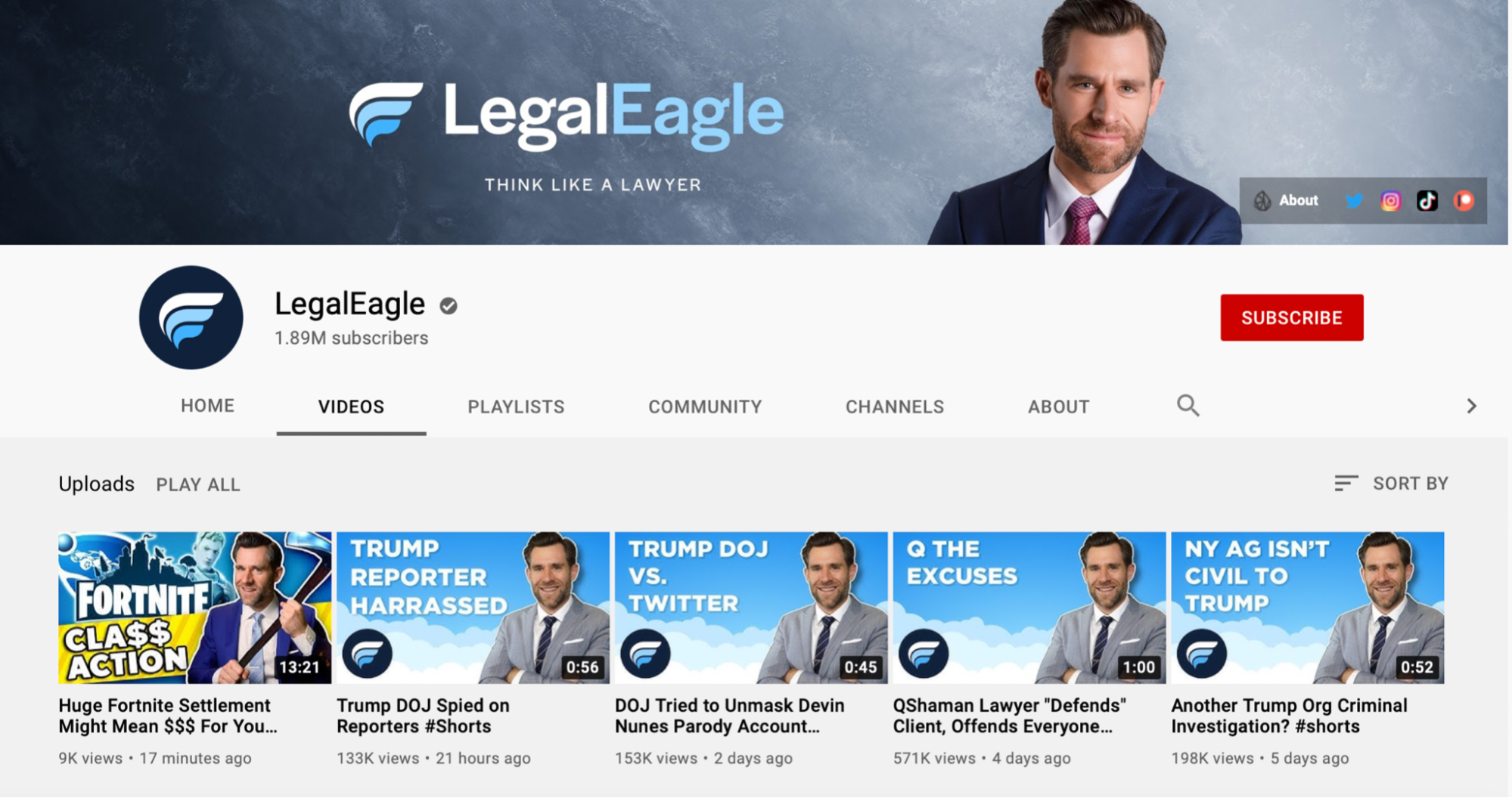 LegalEagle Youtube channel videos screen