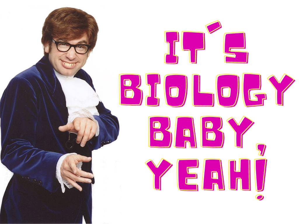 Austin Powers con un traje azul con una camisa blanca hinchada y la cita "¡Es biología, bebé, sí!"  justo al lado de él en letra rosa.