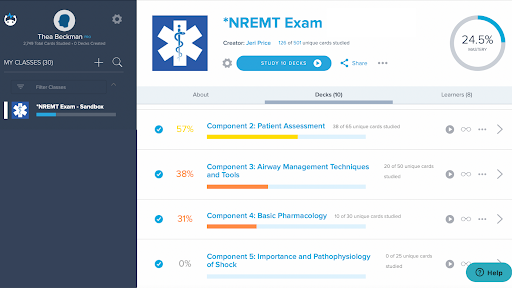 NREMT EMT flaschards class dashboard screen in Brainscape