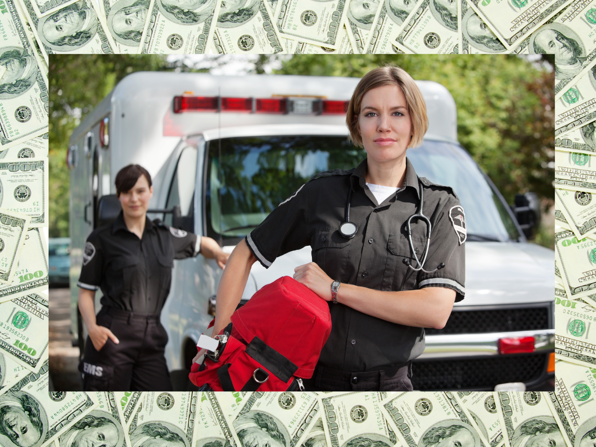 Money around border of image of EMT vs Paramedic in front of an ambulance