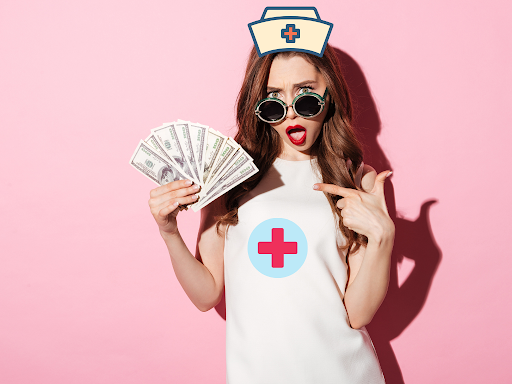 Nurse holding up money and pointing to it with the opposite hand.