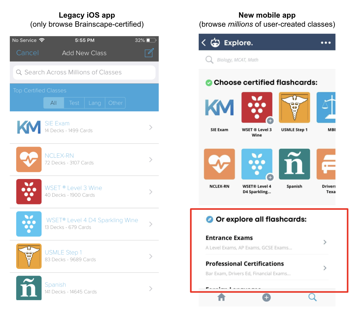 Brainscape app side by side old versus new layout of the apps search features