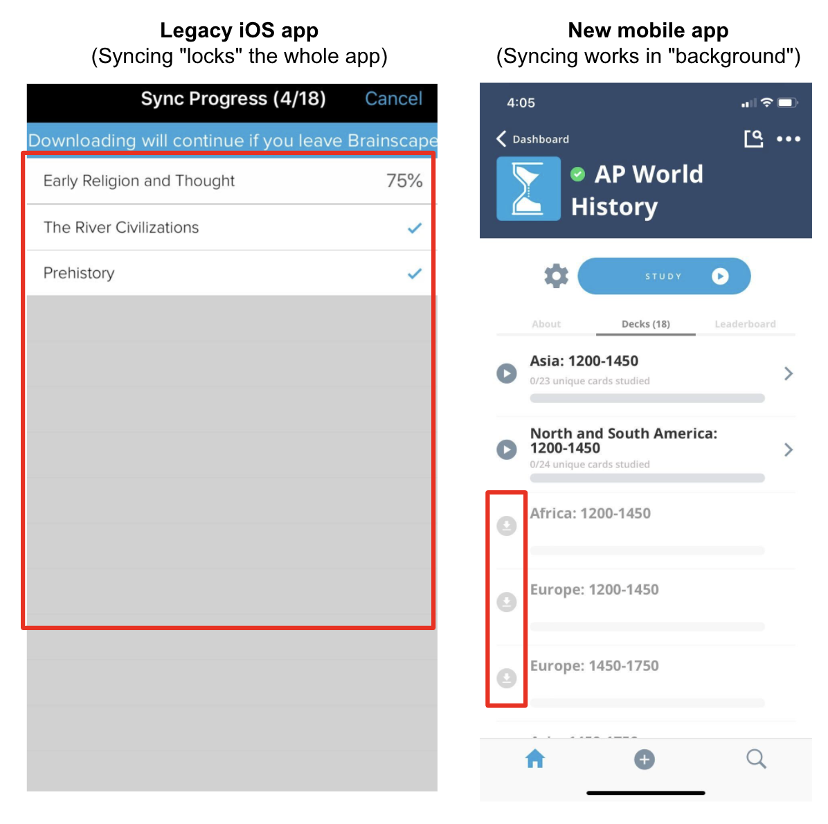 Brainscape's old vs new app sync screens side by side