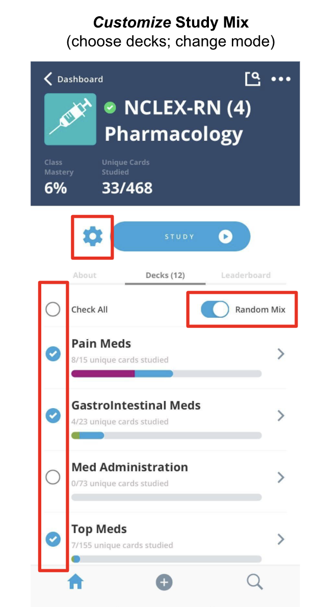 Brainscape study mix cutomizations shown where you can pick and choose specific decks to study in a study session