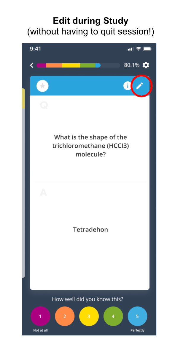 Brainscape app study screen as of October 2021 showing how you can edit a card right from a study session