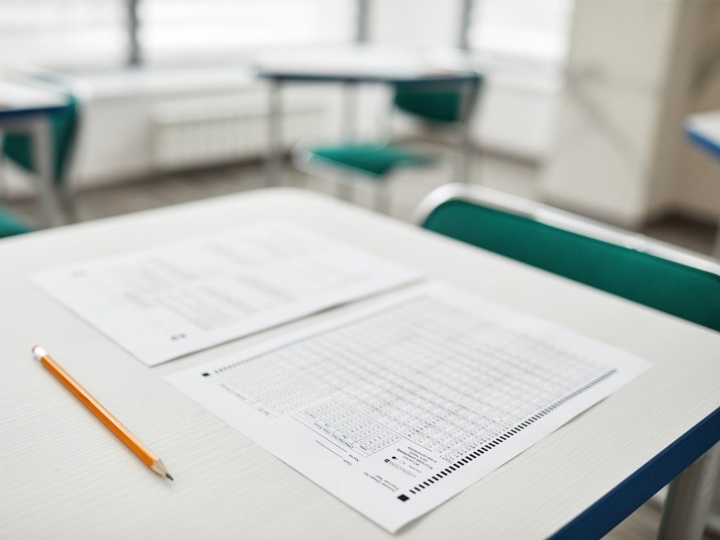 Standardized paper exam sitting on a desk with pencil above it