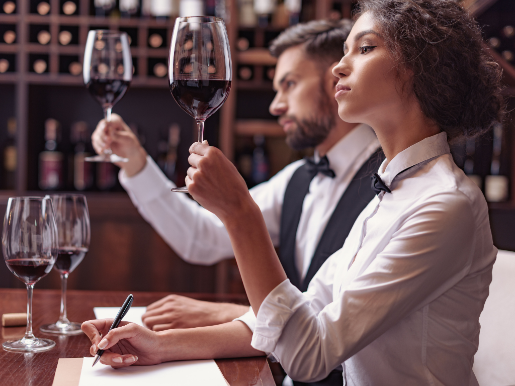 2 Sommeliers a male & female each holding up a glass of red wine and writing notes on paper