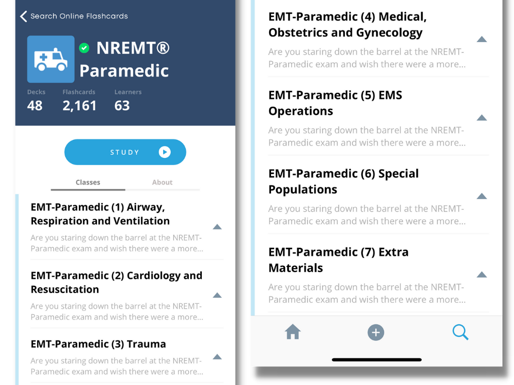 Mobile paramedic flashcards dashboard