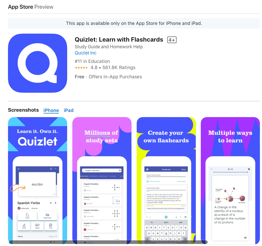 Quizlet flashcard app for medical students