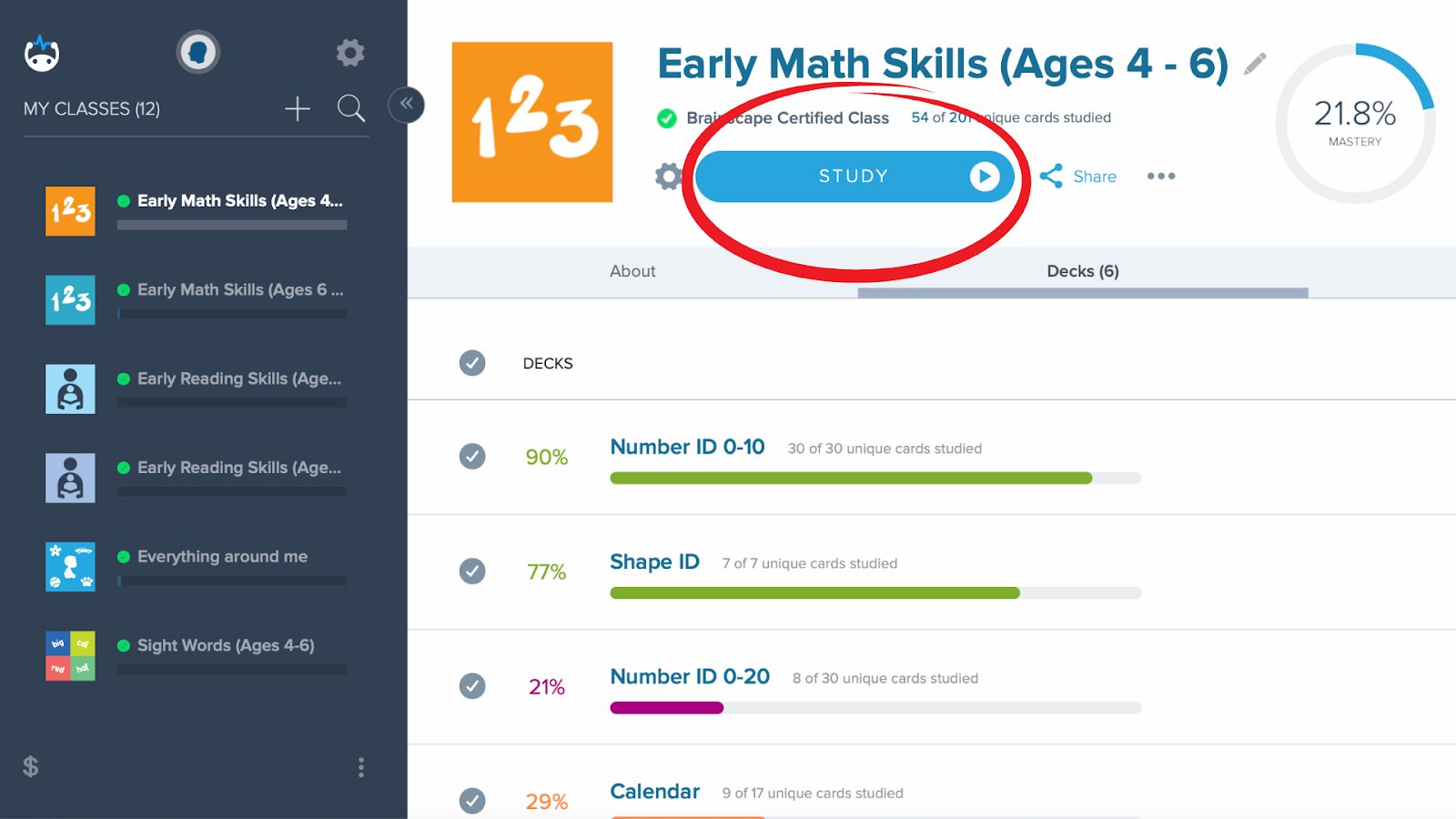 Brainscape for kids web dashboard math