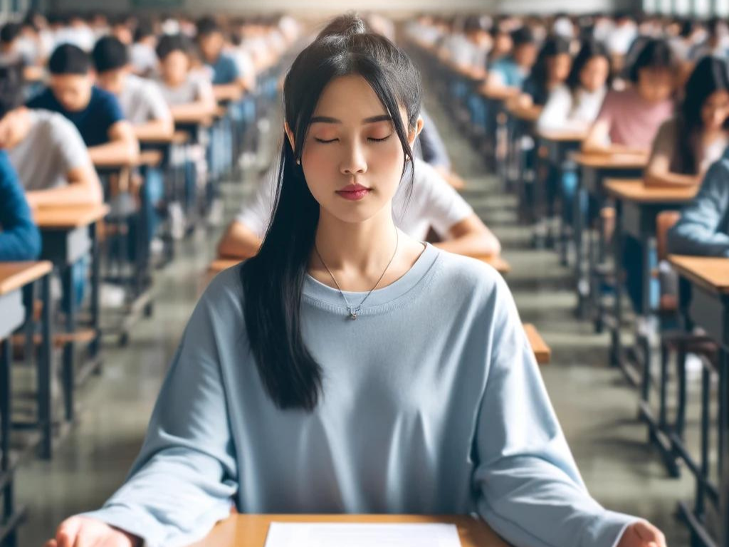 Asian student meditating at her desk before an exam