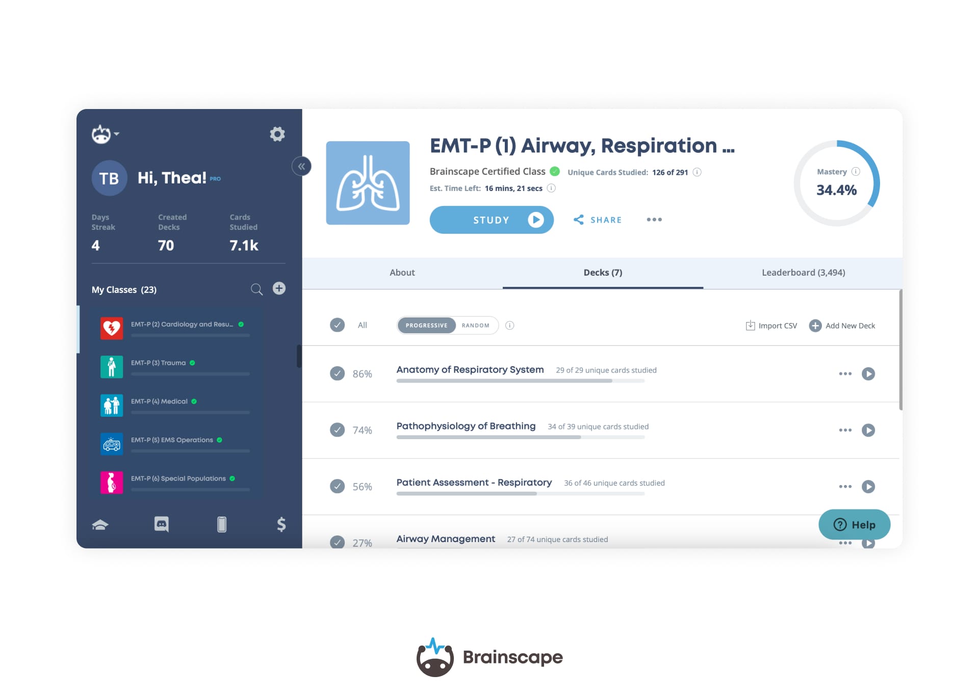 Brainscape's NREMT paramedic flashcards dashboard for web