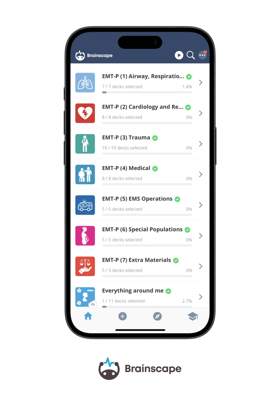Brainscape's mobile app for the National Registry Paramedic exam.
