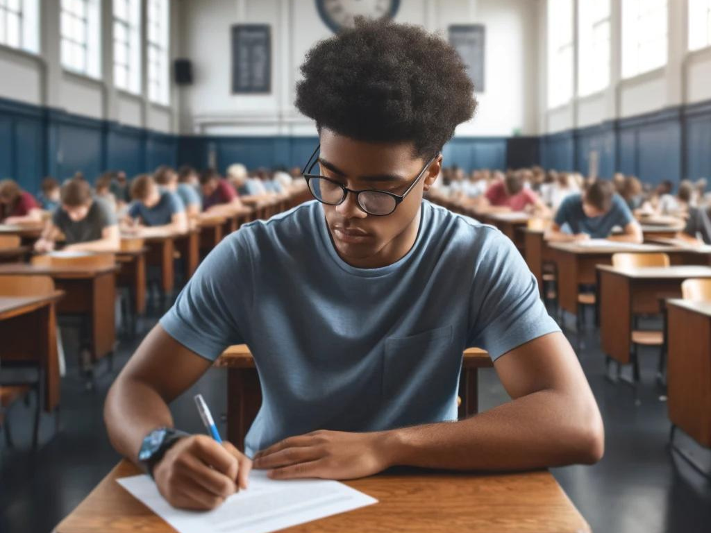 African American student taking an exam in a classroom full of students