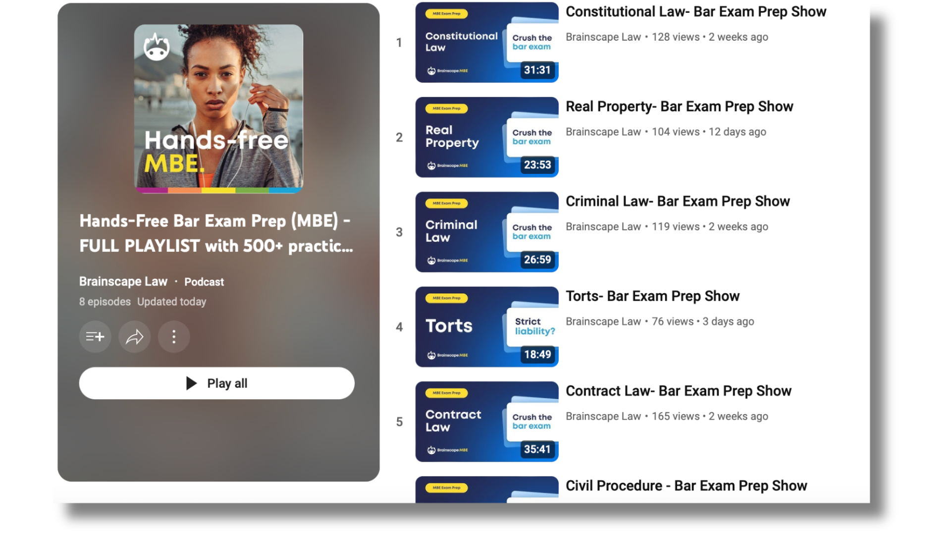 Brainscape's bar exam prep podcast playlist on YouTube