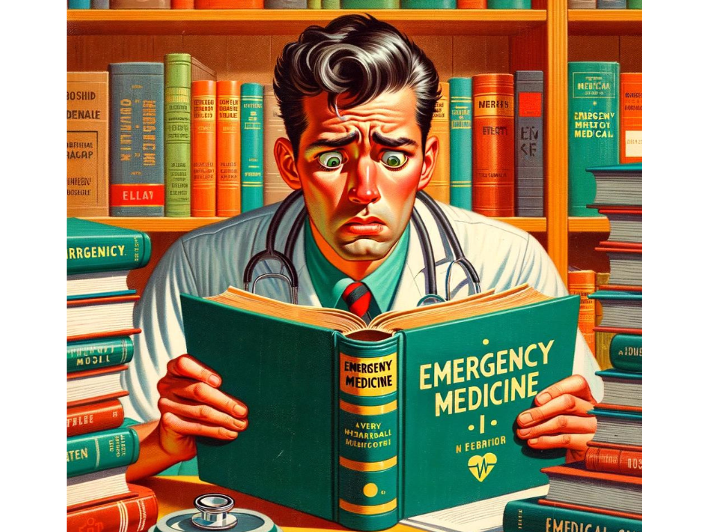 Overwhelmed emergency medical student reading a EMT textbook