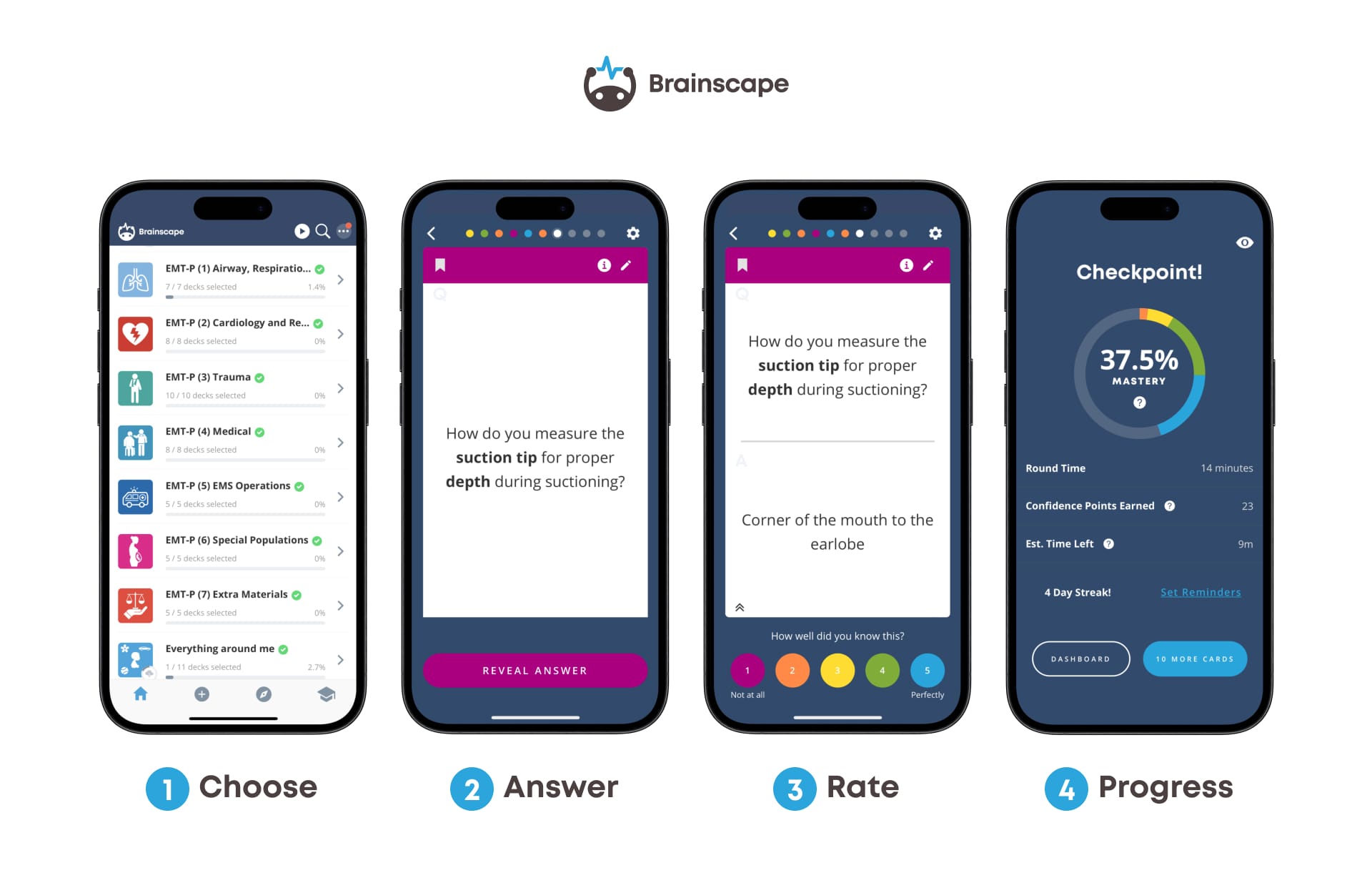 Brainscape's NREMT Paramedic course dashboard, flashcard question and answer, and progress meter