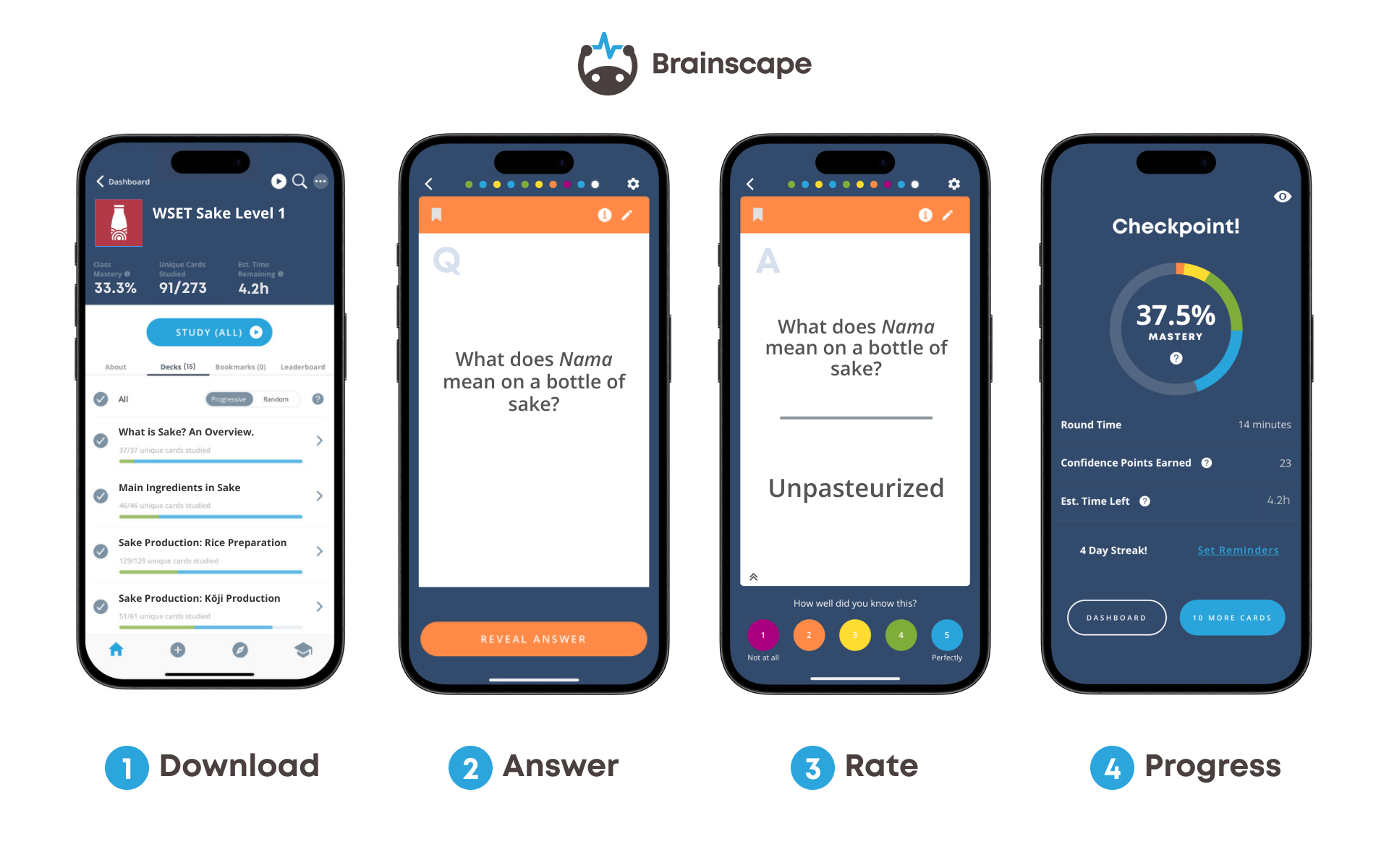 Brainscape's NREMT Paramedic course dashboard, flashcard question and answer, and progress meter