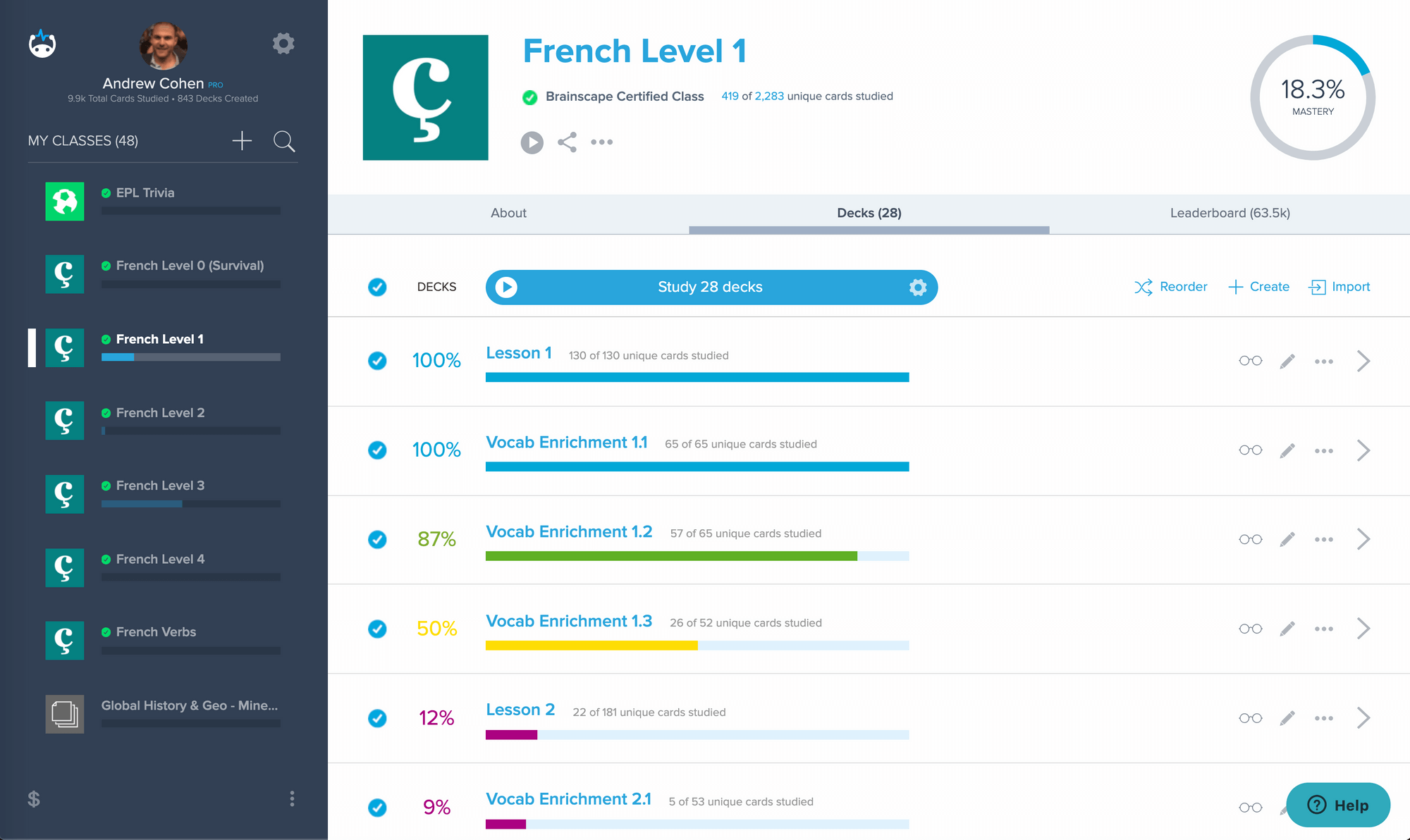 Screenshot of Brainscape Dashboard French Level 1