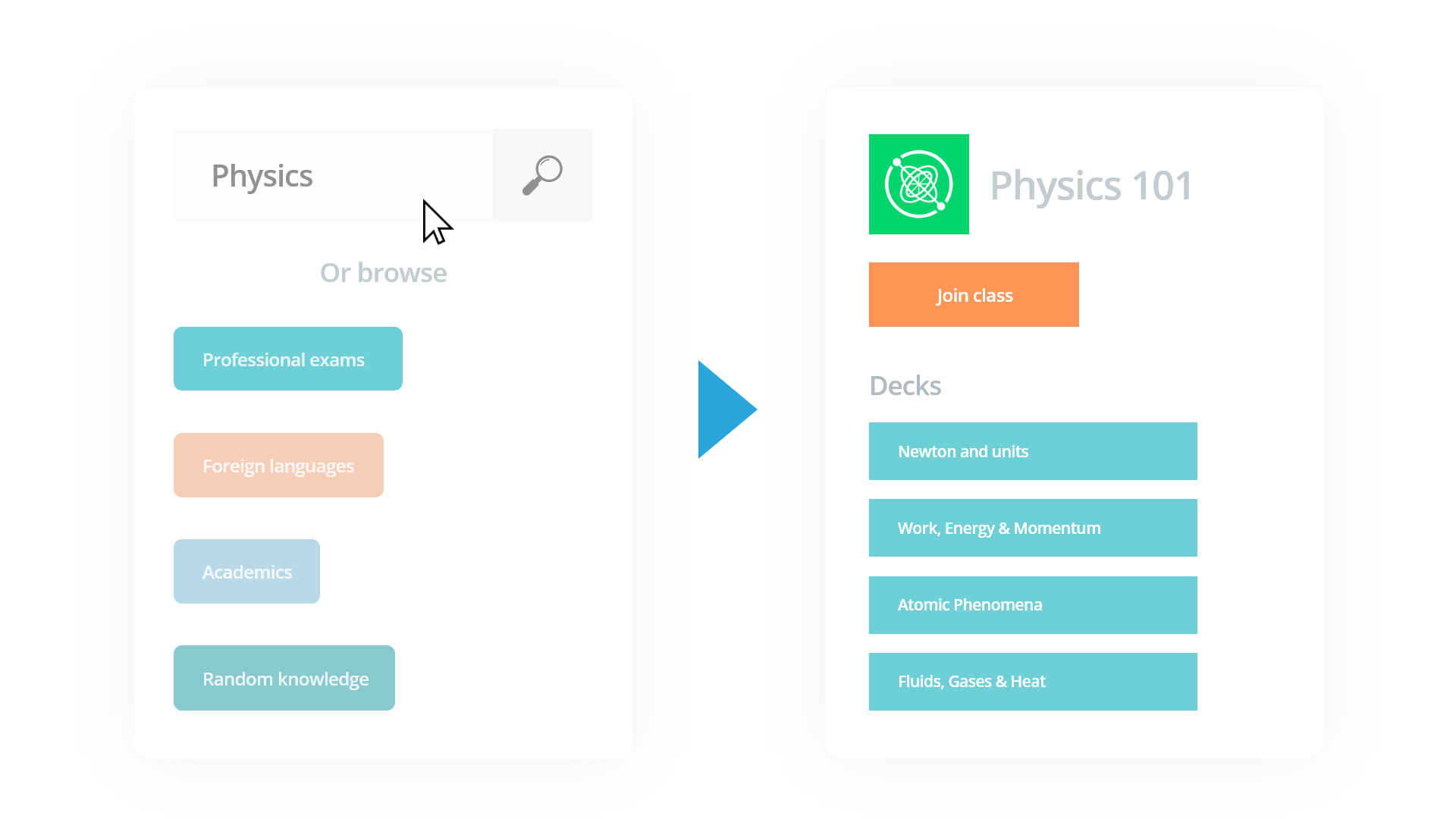 Gif showing how to search for physics flashcards